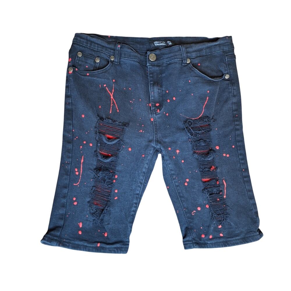 Trestles Supply Co Men Black Distressed Denim Shorts Paint Splatter - Size 38
